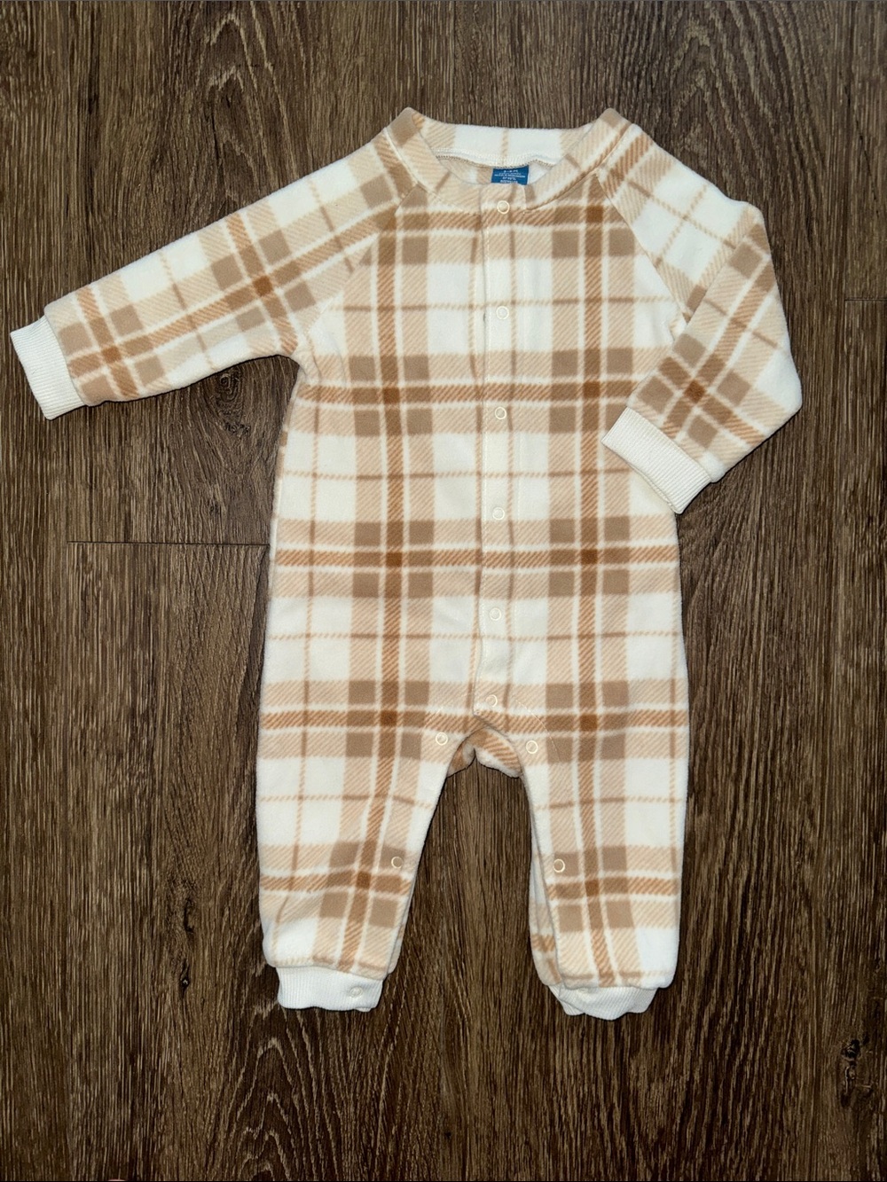 Old Navy Plaid Fleece One-Piece Romper in Cream & Tan (0-3 months)